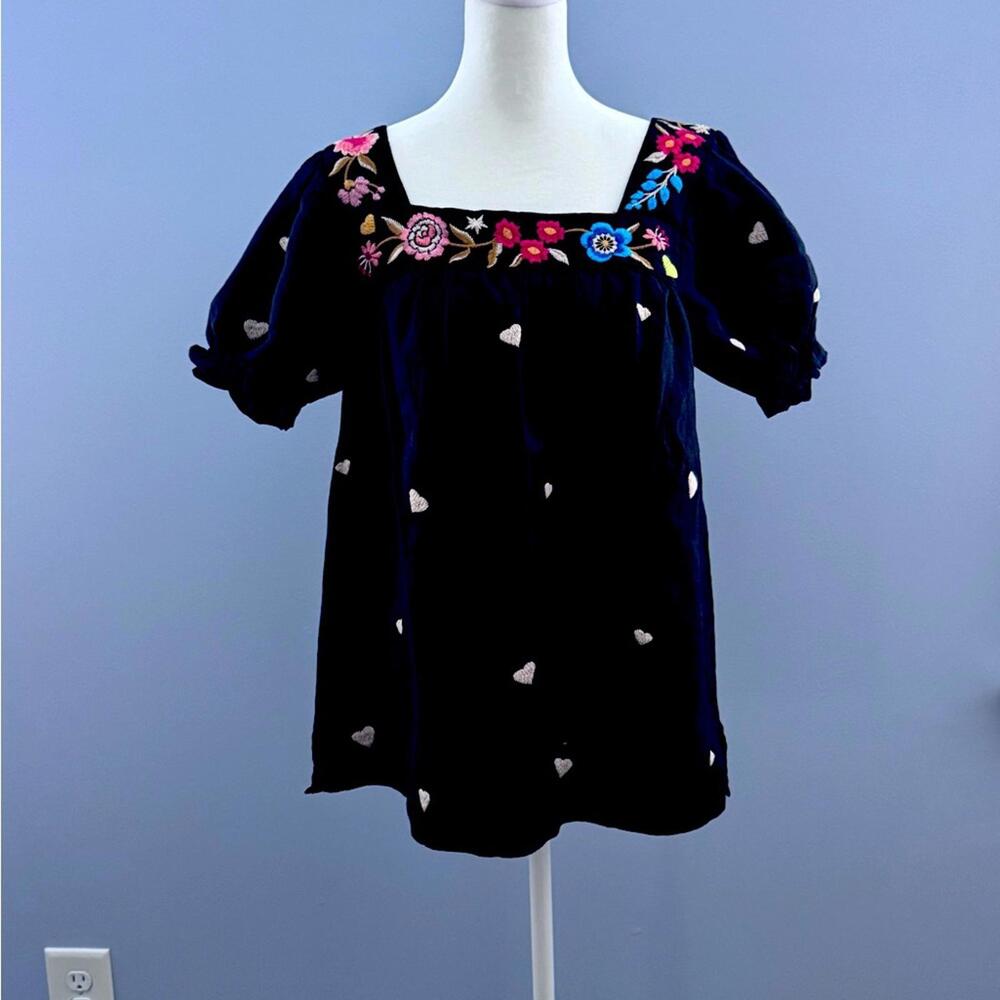 New With Tags Johnny Was Square Neck Puff Sleeve Linen Blouse XS